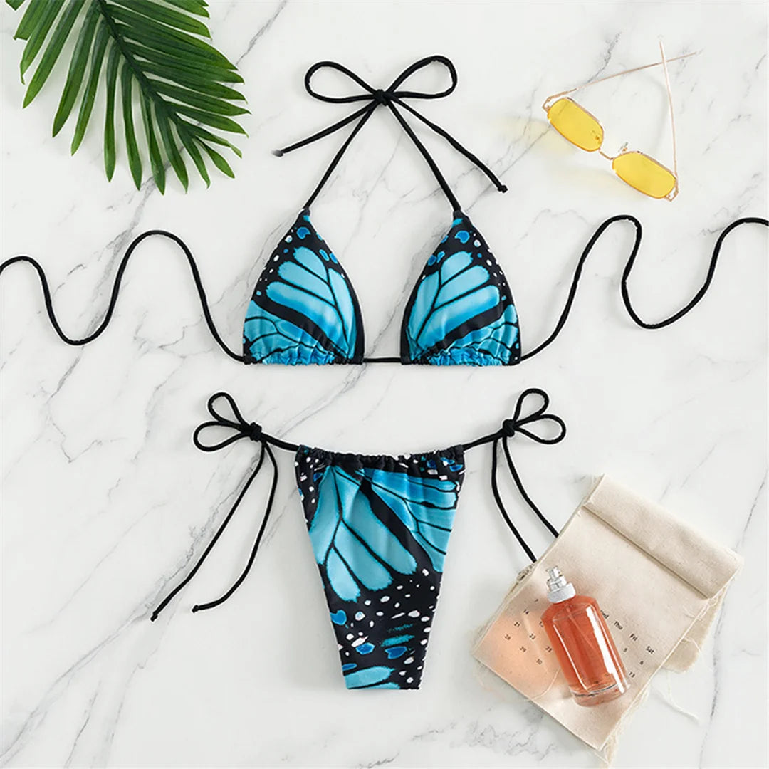 Blue Butterfly Print Halter Bikini Set
