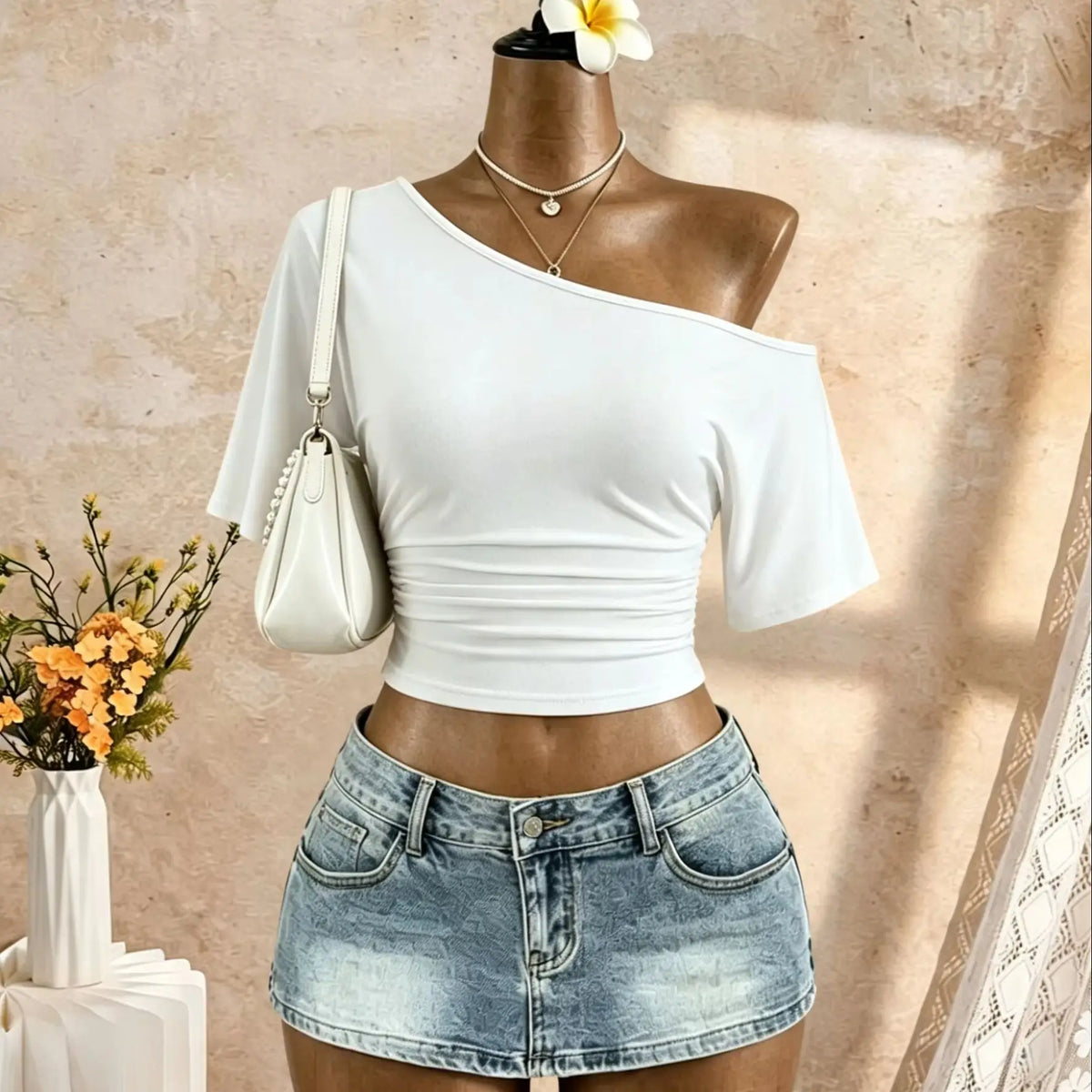 Women One Shoulder Short Sleeve Side Ruched Cropped Top