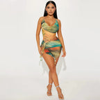 Scenery Print Halter Backless Mini Dress