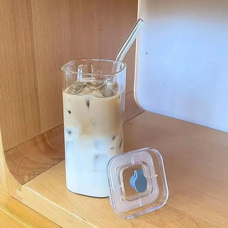 Square Heat-Resistant Glass Cup with Lid & Straw