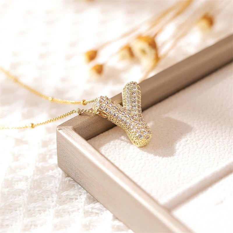 Personalized A-Z Balloon Letter Necklace – Gold-Plated Zircon Pendant on Minimalist Collarbone Chain