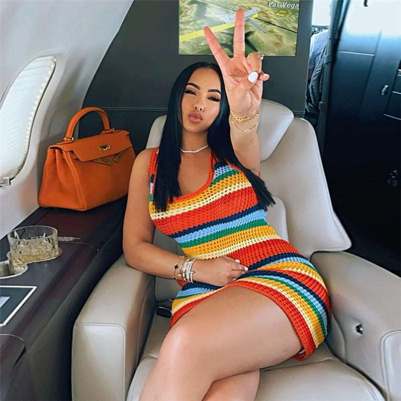 Striped Knitted Hollow Out Mini Dress