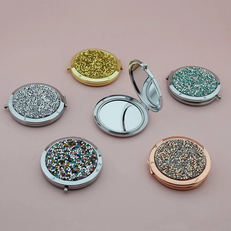 Rhinestone Compact Round Folding Mirror