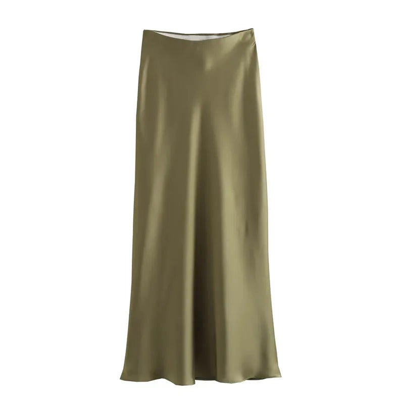 Elegant High-Waisted Satin Midi Skirt