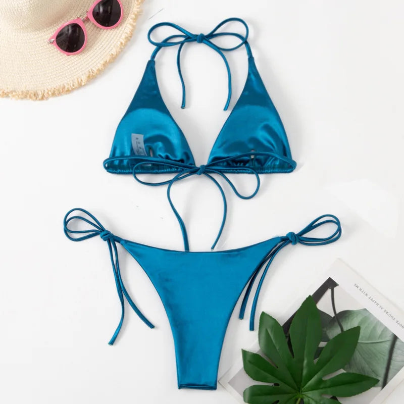 Halter Brazilian Metallic Satin Bikini