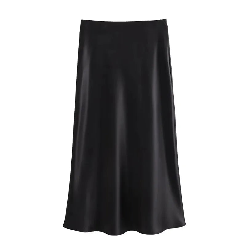 Elegant High-Waisted Satin Midi Skirt
