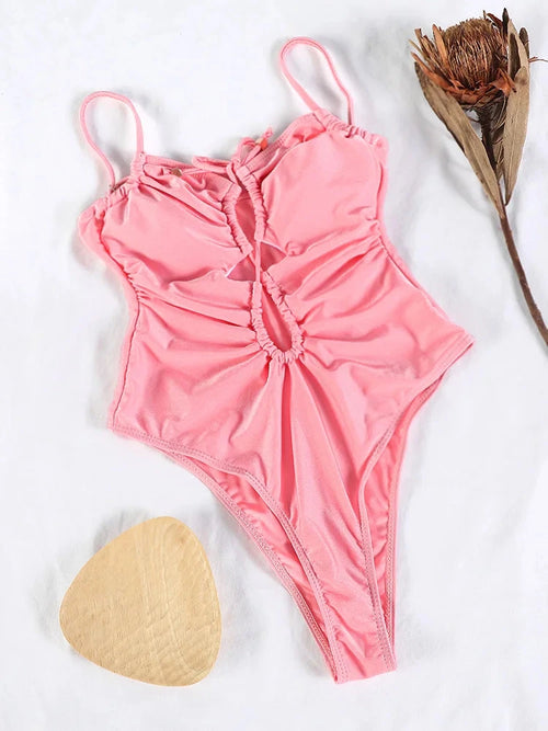 Aniya Pink Women’s Solid Color Bandage One Piece Swimsuit Weeknd Shop Online