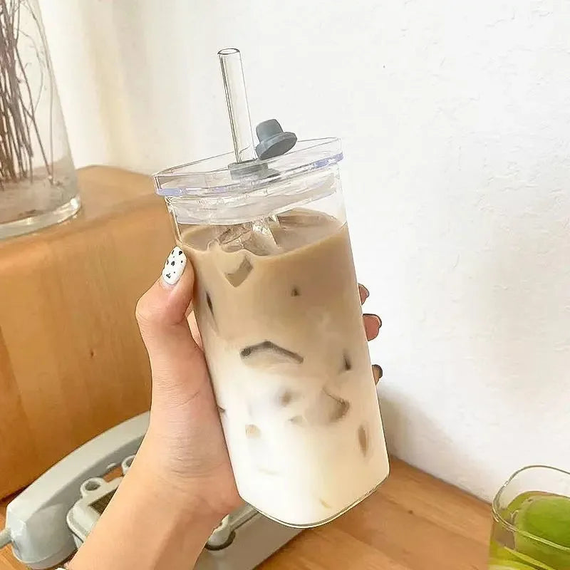 Square Heat-Resistant Glass Cup with Lid & Straw