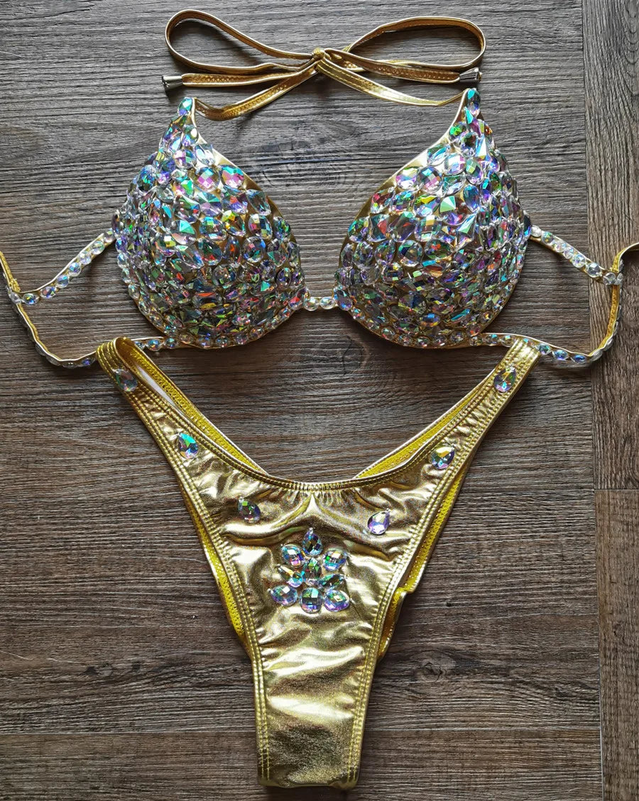 Luxury Rhinestone Crystal Embellished Gold Bikini