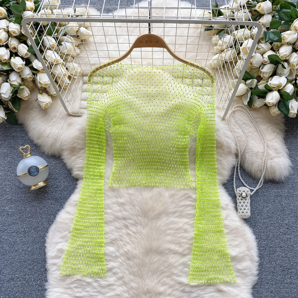 Chic Rhinestone Fishnet Blouse