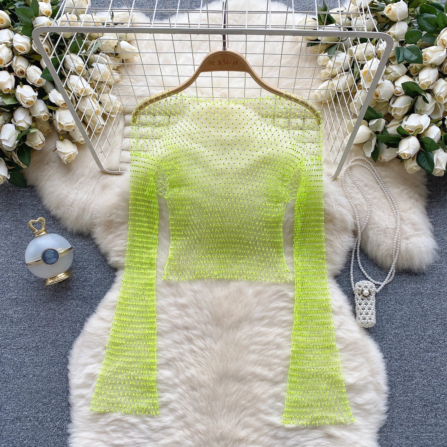 Chic Rhinestone Fishnet Blouse