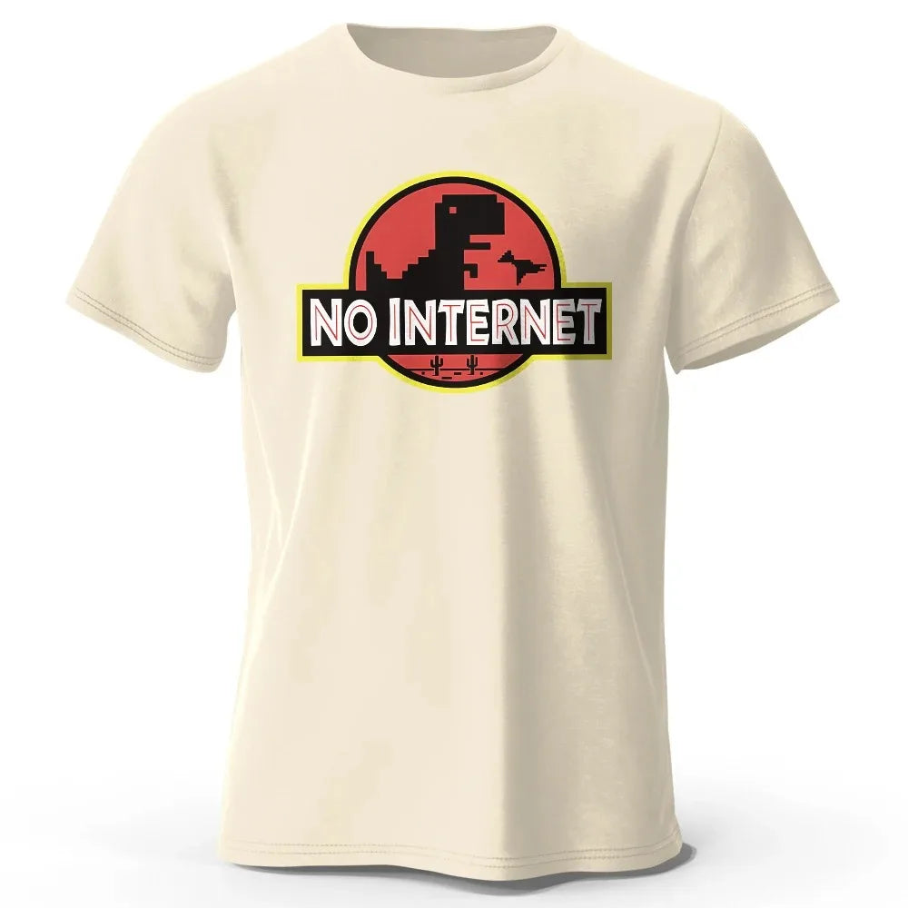 Cartoon Dinosaur "No Internet" T-Shirt – Funny Harajuku Jurassic-Themed Tee for Men