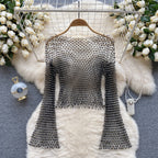 Chic Rhinestone Fishnet Blouse