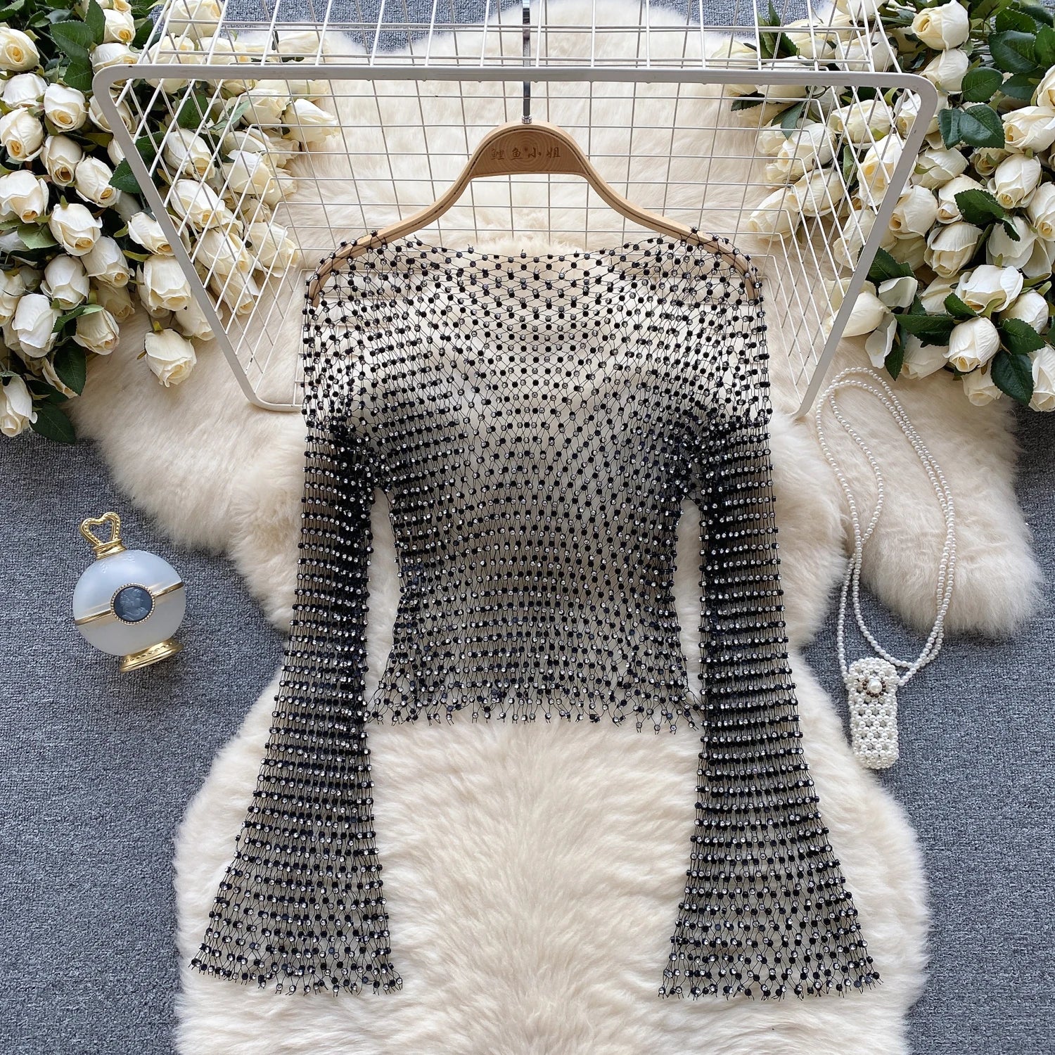 Chic Rhinestone Fishnet Blouse