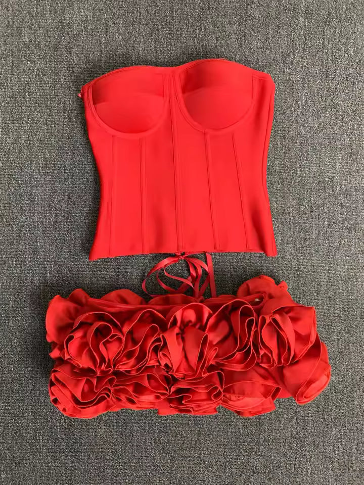 Women Red Bodycon Corset Mini Bandage Skirt Set