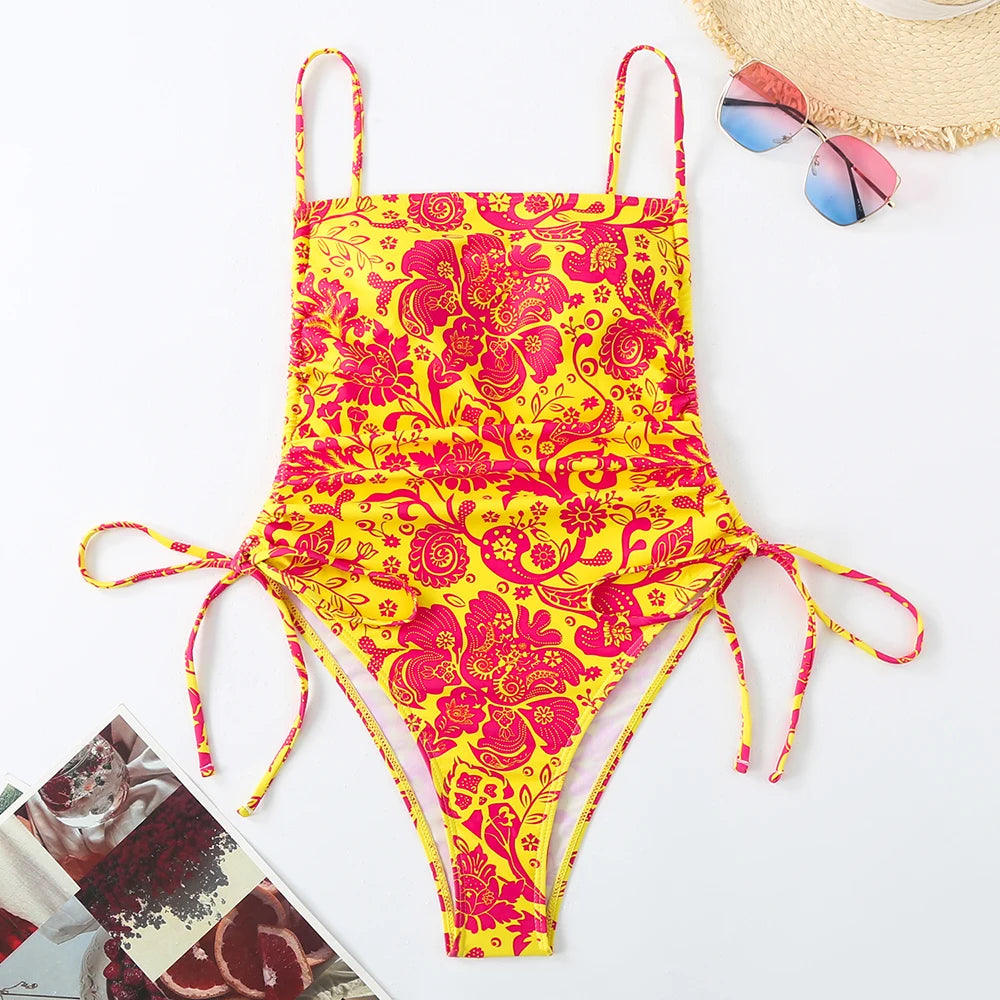 Floral String One-Piece Swimsuit