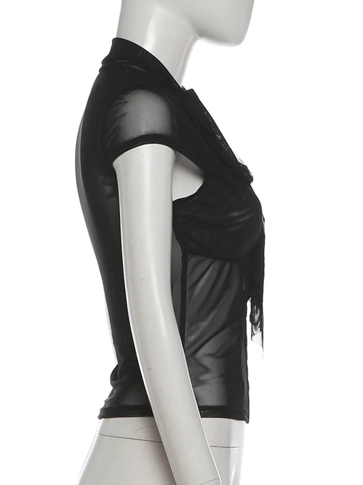 Black Mesh Collar Short Sleeve Top
