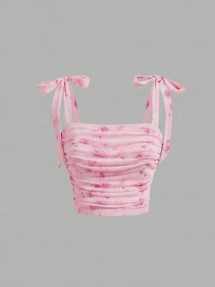 Mesh Floral Slim Fit Ruched Crop Top
