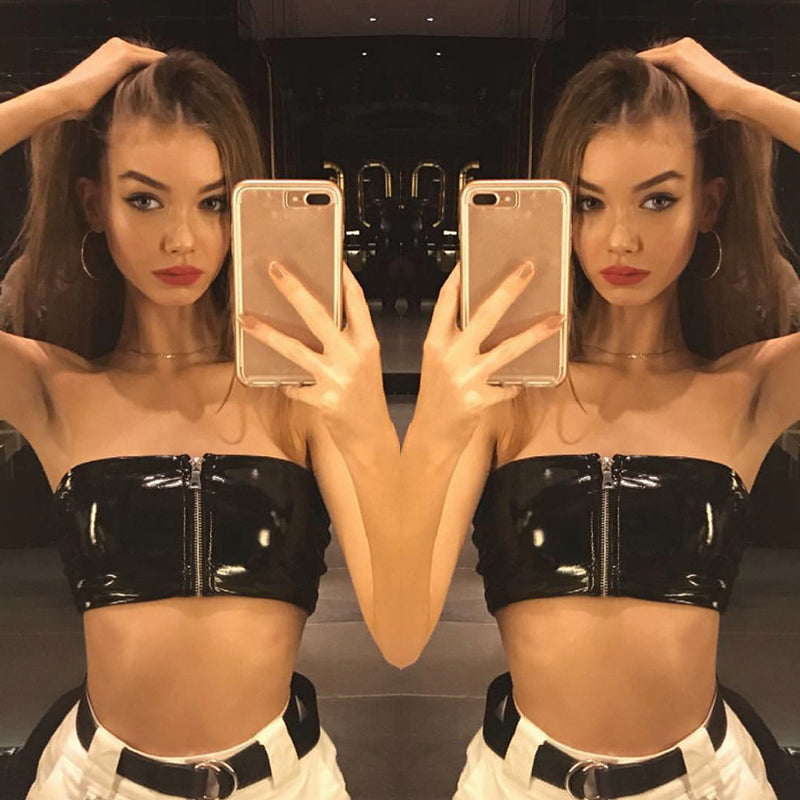 PU Leather Strapless Zipper Tube Top