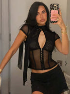 Black Mesh Collar Short Sleeve Top