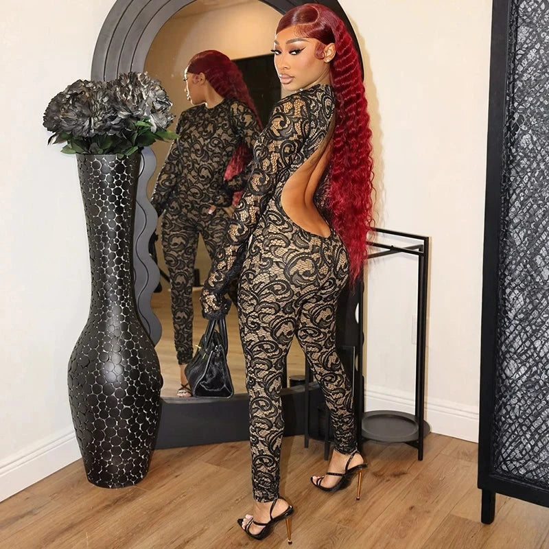 Women’s Sexy Round Neck Lace Patchwork Backless Jumpsuit Weeknd Shop Online