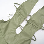 Gal Gal Green Sexy Faux Leather Deep V-Neck Dress