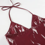Red PU Leather Halter Bandage Crop Top