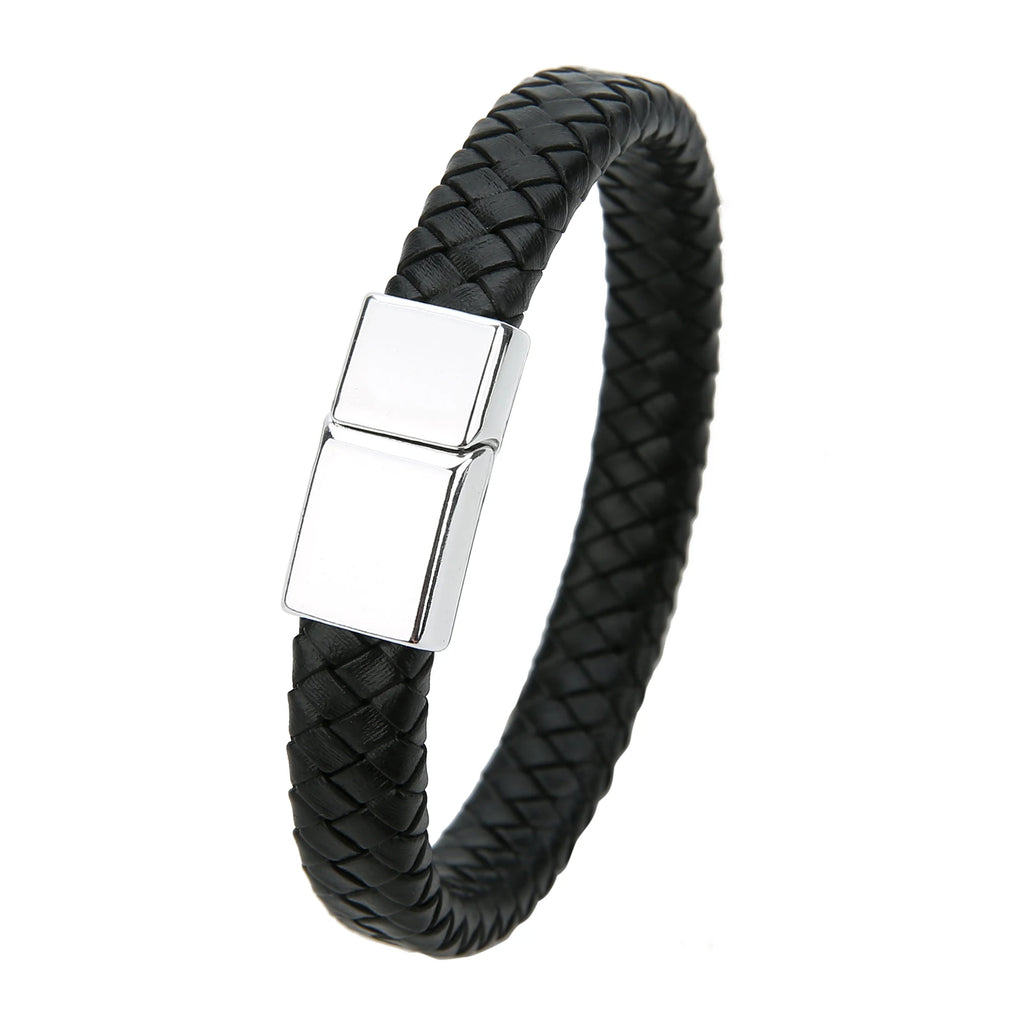 ibrow Black Braided Leather Men’s Bracelet – Stylish Magnetic Clasp Wrap Accessory
