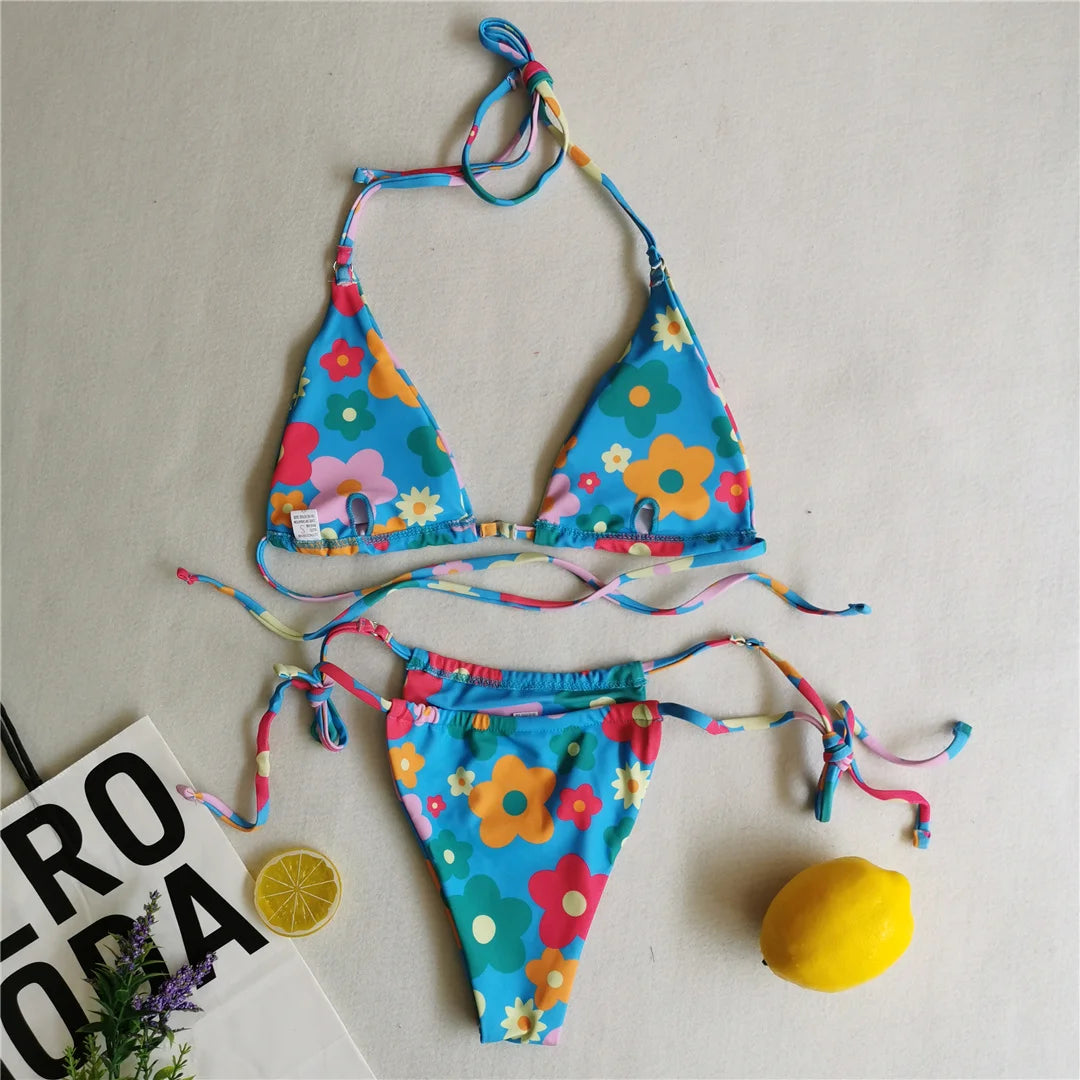Flower & Polka Dot Wrap Around Bikini Set