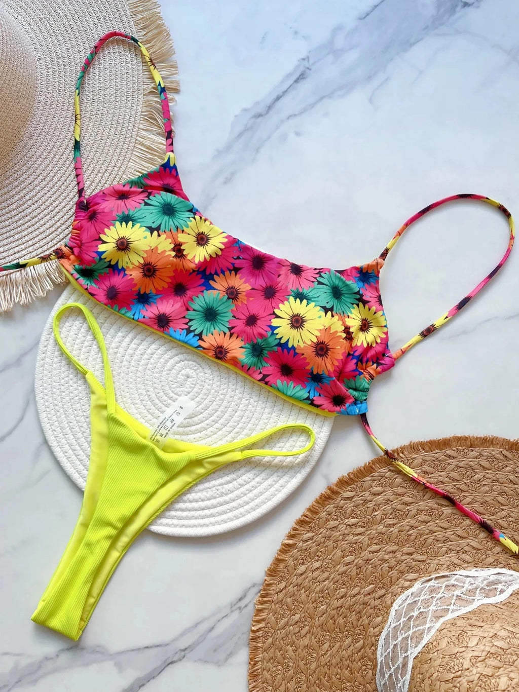 Flowers Printed Mini Thong High-Cut Bikini Set Weeknd Shop Online