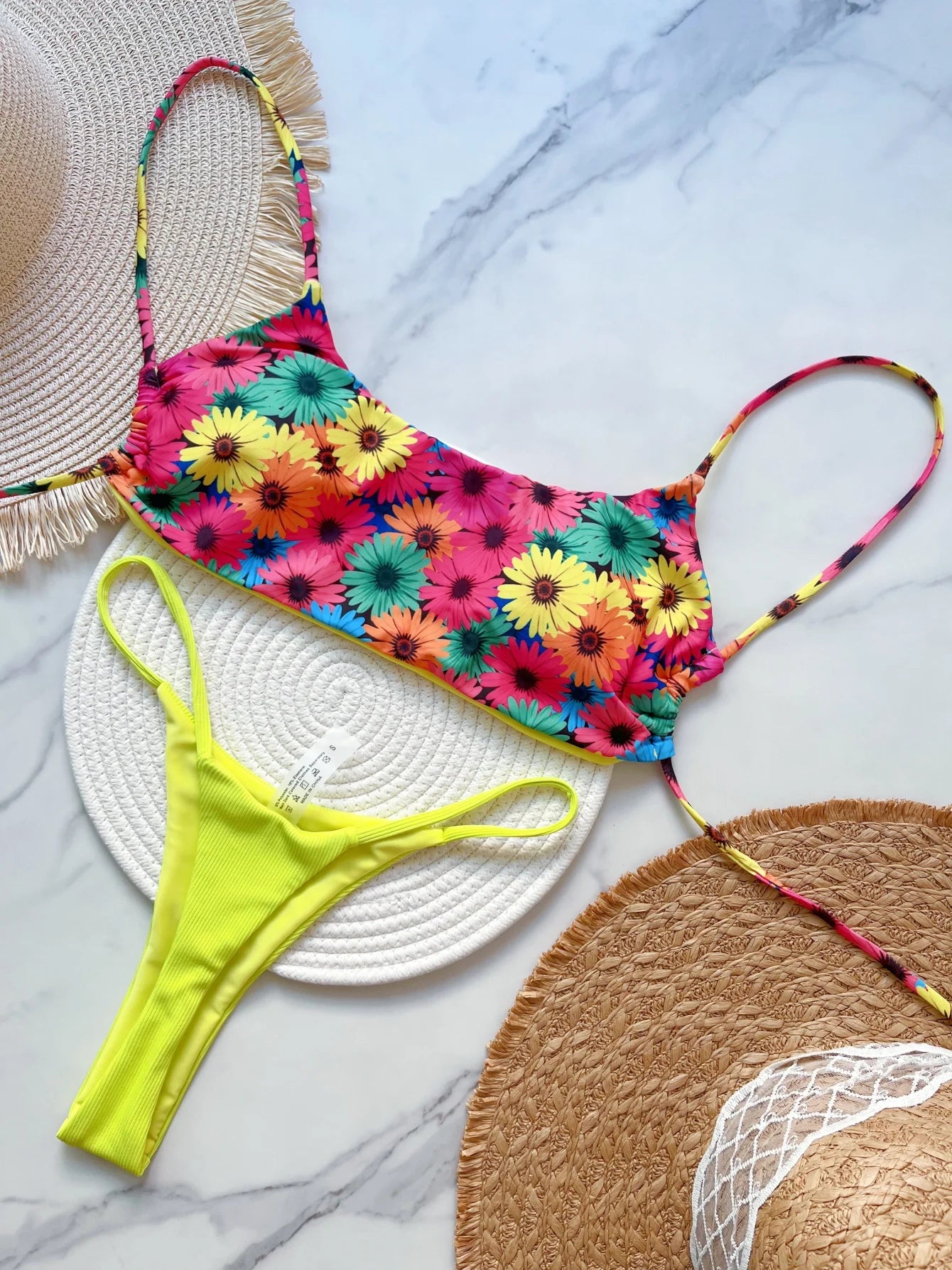 Flowers Printed Mini Thong High-Cut Bikini Set