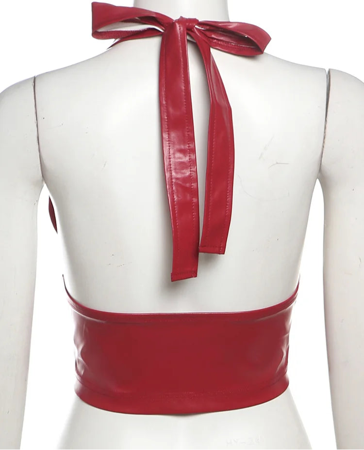 Faux Leather Halter Tie-Back Corset Top