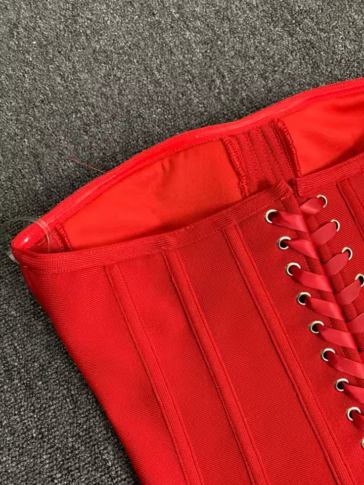 Women Red Bodycon Corset Mini Bandage Skirt Set