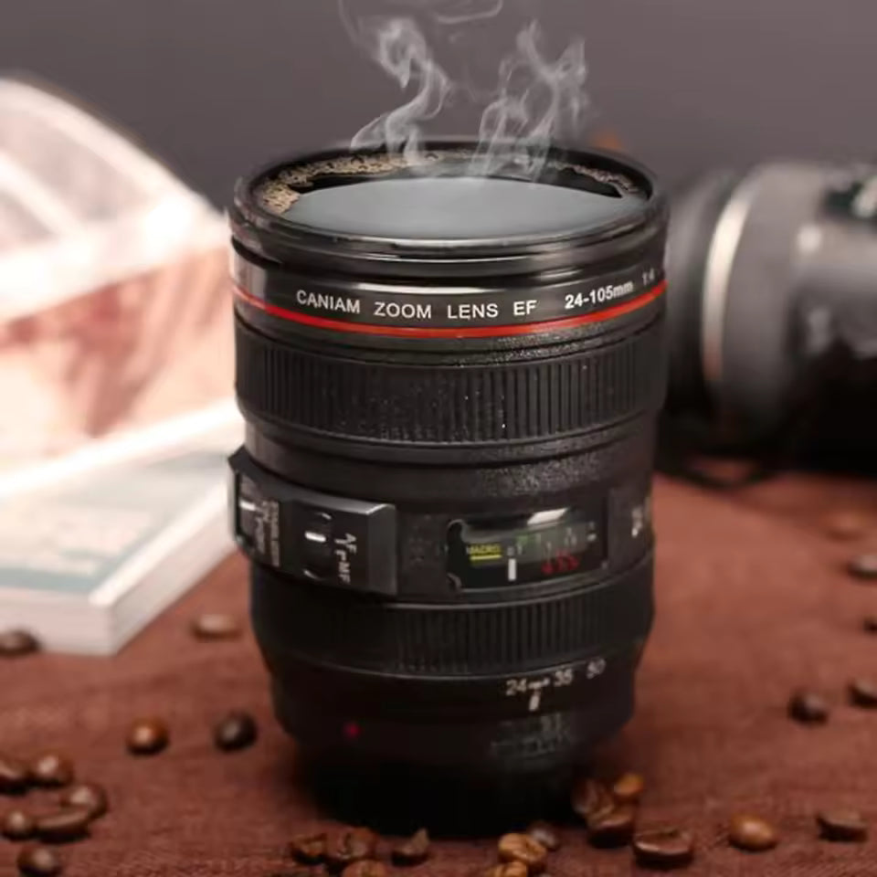 Stainless Steel Camera Lens Coffee Mug with Leak-Proof Lid
