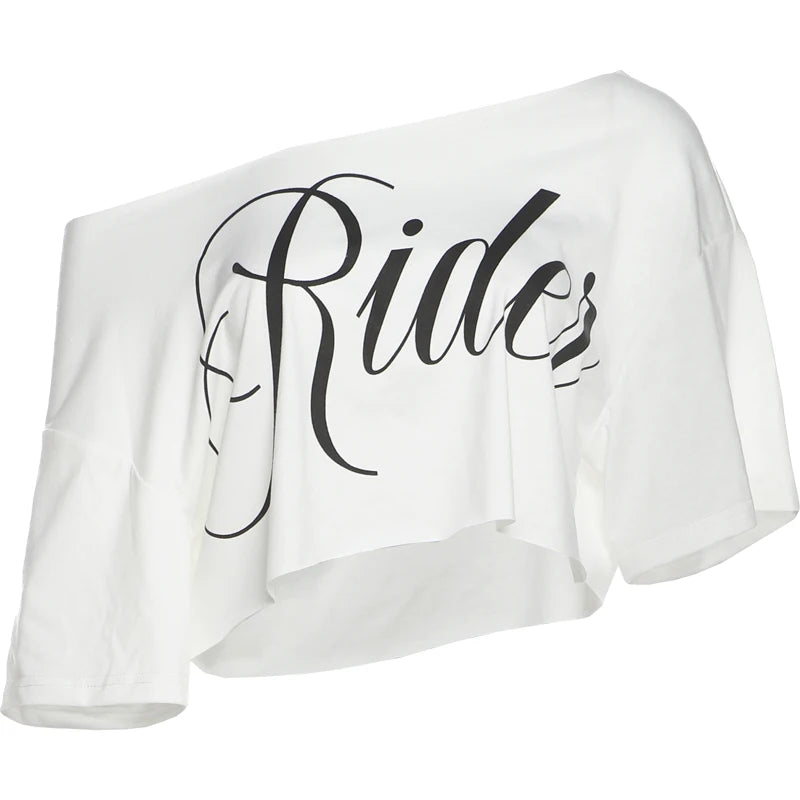 Women’s Off-Shoulder “Rider” Graphic Crop Top – White