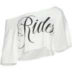 Women’s Off-Shoulder “Rider” Graphic Crop Top – White