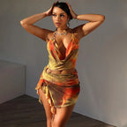 Scenery Print Halter Backless Mini Dress
