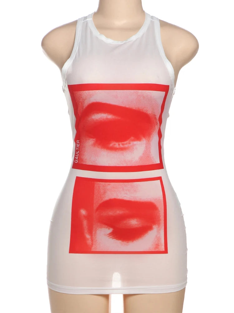 Lip Print Women Long Tank See Throuh Dress
