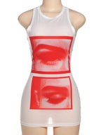Lip Print Women Long Tank See Throuh Dress