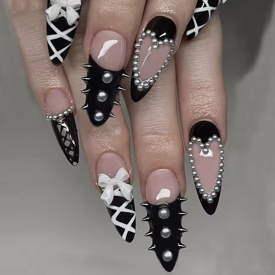 Gothic Black Beaded Press On Nails 24pc