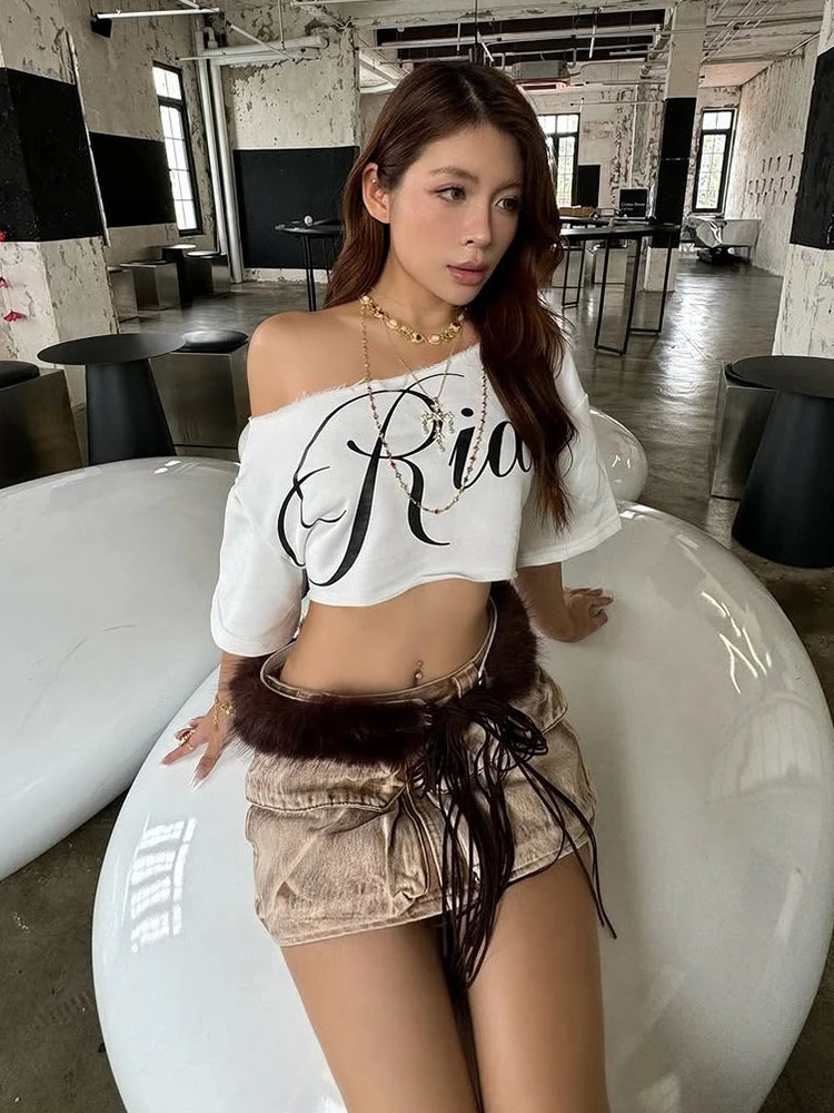 Women’s Off-Shoulder “Rider” Graphic Crop Top – White