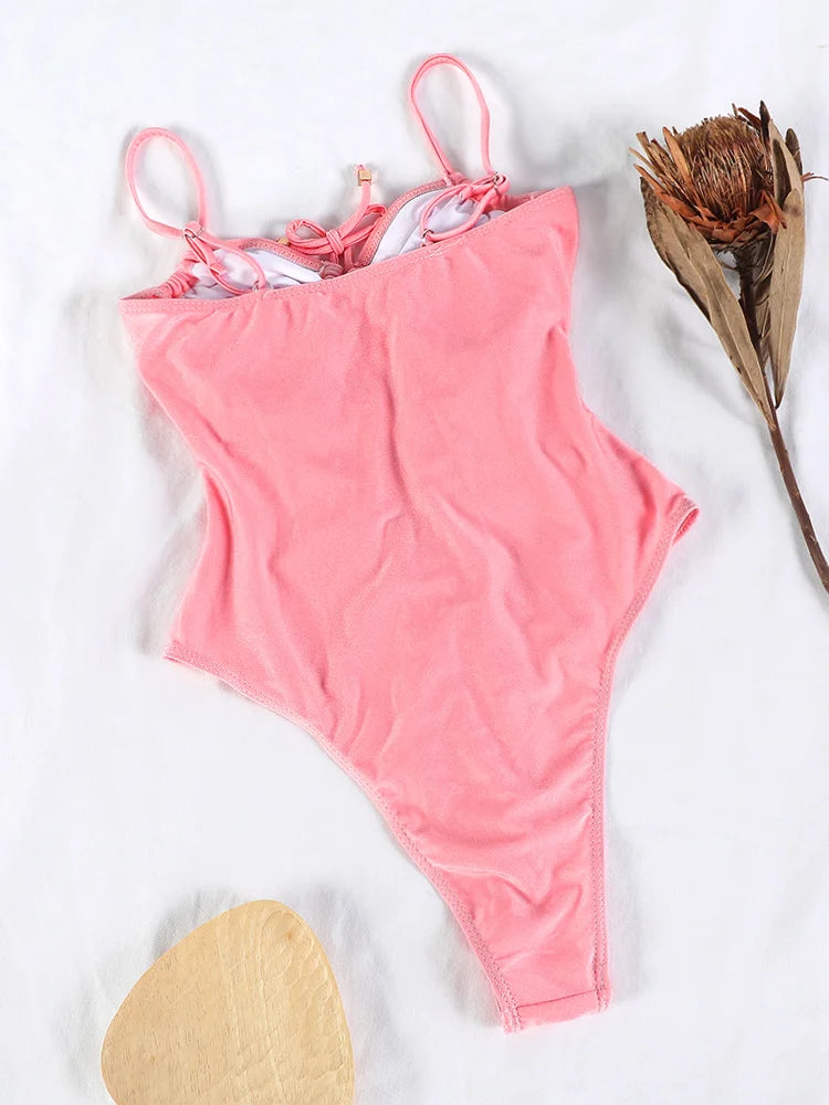 Aniya Pink Women’s Solid Color Bandage One Piece Swimsuit