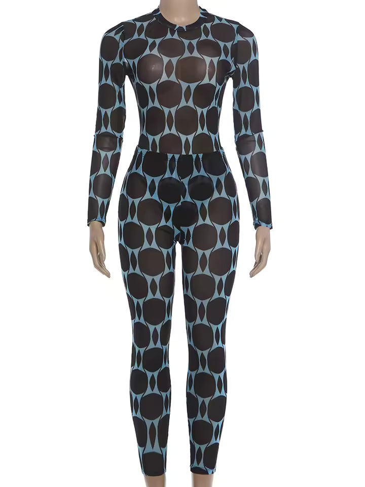 "Blue Electric" Long Sleeve mesh Jumpsuit
