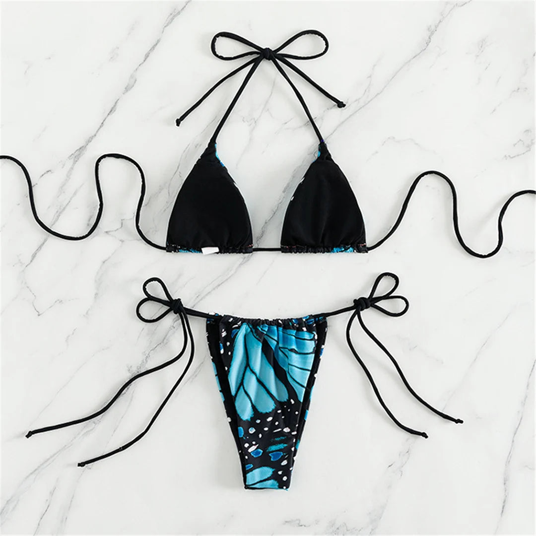 Blue Butterfly Print Halter Bikini Set