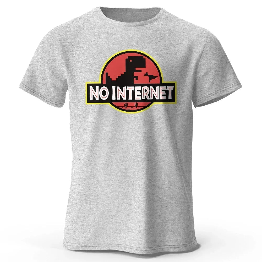 Cartoon Dinosaur "No Internet" T-Shirt – Funny Harajuku Jurassic-Themed Tee for Men