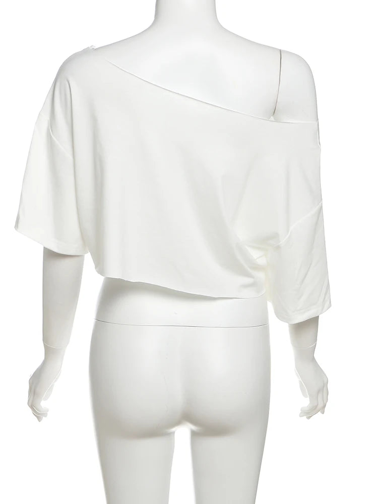 Women’s Off-Shoulder “Rider” Graphic Crop Top – White