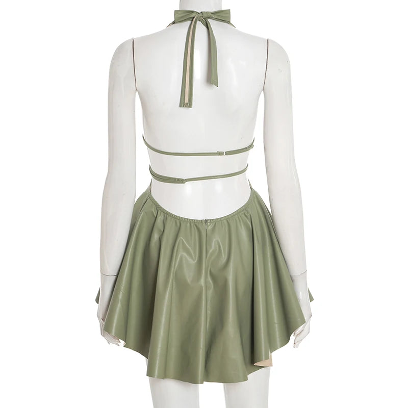 Gal Gal Green Sexy Faux Leather Deep V-Neck Dress