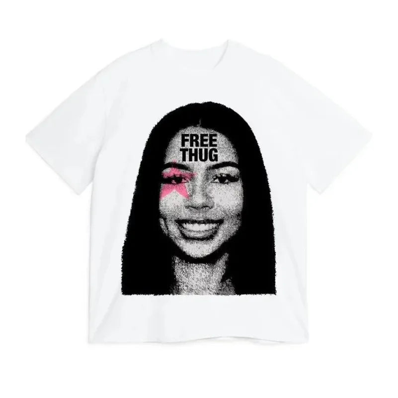 White t-shirt with a graphic of a woman's face and 'FREE THUG' text on a white background