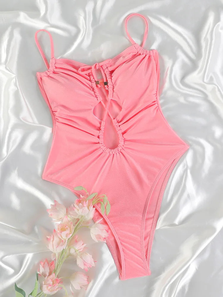 Aniya Pink Women’s Solid Color Bandage One Piece Swimsuit
