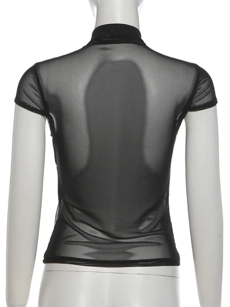 Black Mesh Collar Short Sleeve Top